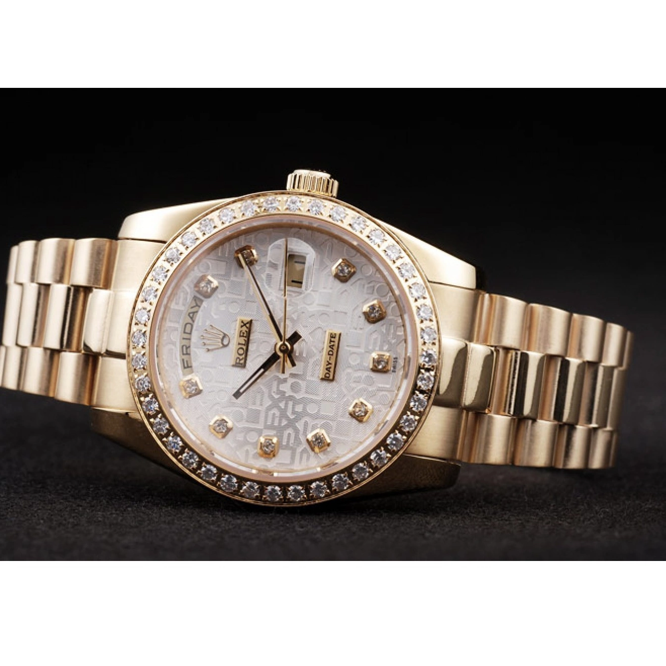 Aaa replica watch Day-Date Dial Gold White Plated Yellow Stainless 18k Rolex Steel 0709